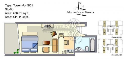 Квартира-студия в Дубае, район Dubai Marina, Marina View Tower A Недвижимость Волгоградская  область (Россия)   Жилой комплекс Marina View Tower состоит из двух величественных высотных зданий